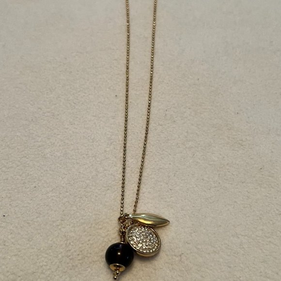 LOFT Gold Tone Charm Necklace w/Black Bead, Rhinestone Disk - 16 -18 inches - Picture 1 of 3